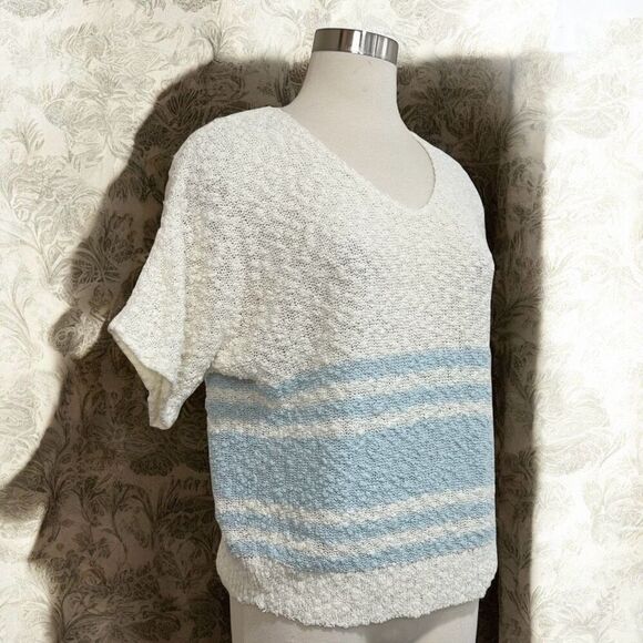 Vintage 80s Retro White Stripe Short Sleeve Sweater Top Shirt M Boat - Picture 2 of 5